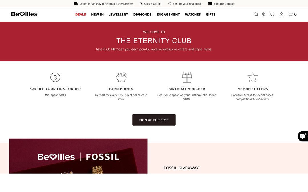Bevilles Eternity Club loyalty page