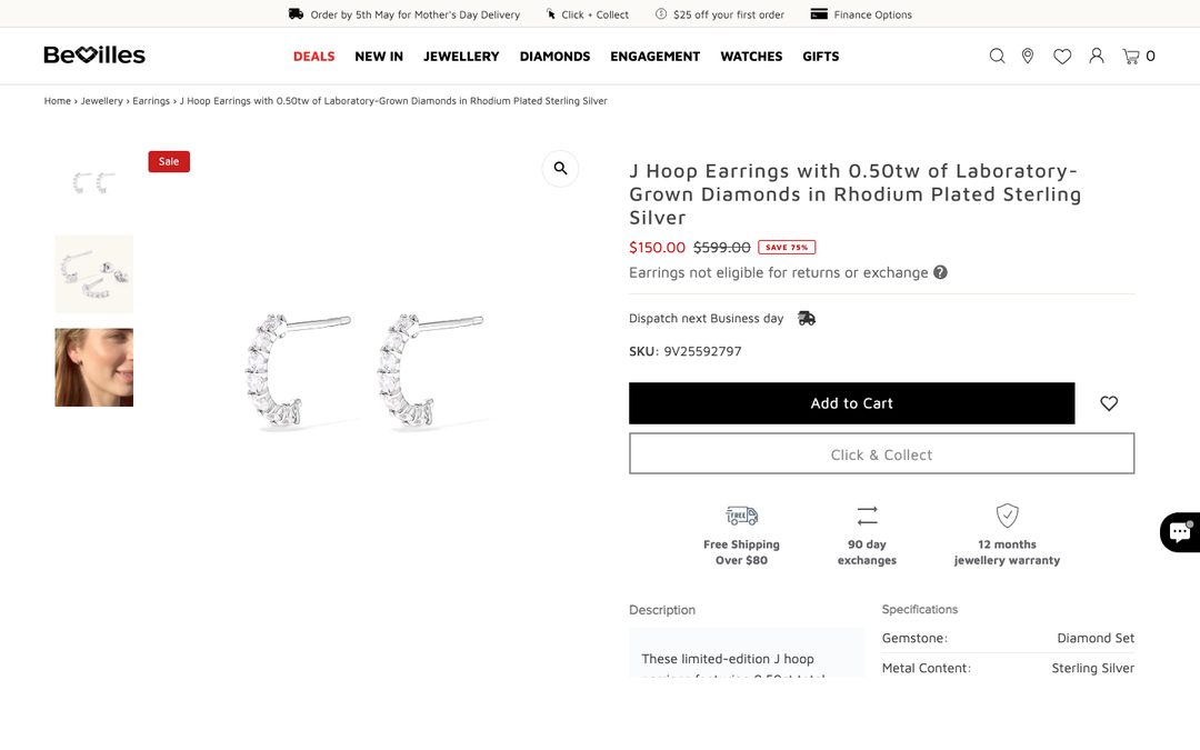 Bevilles product detail page — J Hoop Earrings