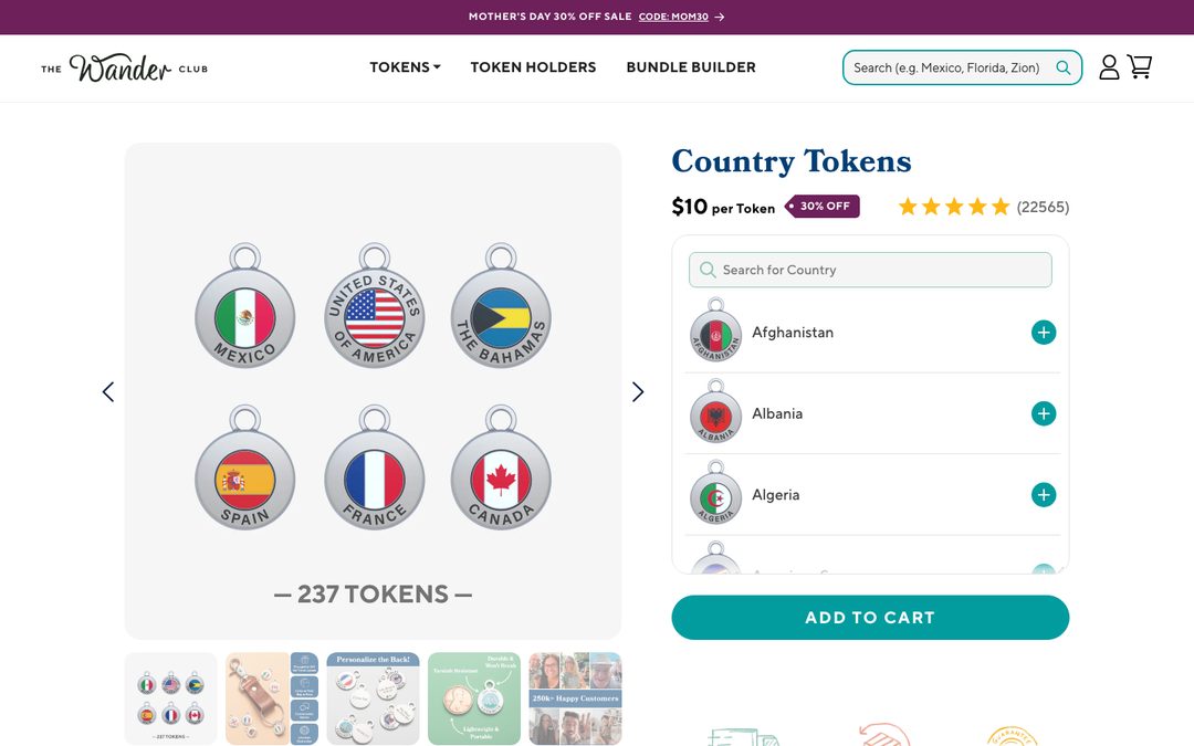 The Wander Club — Country tokens — PDP with engraving