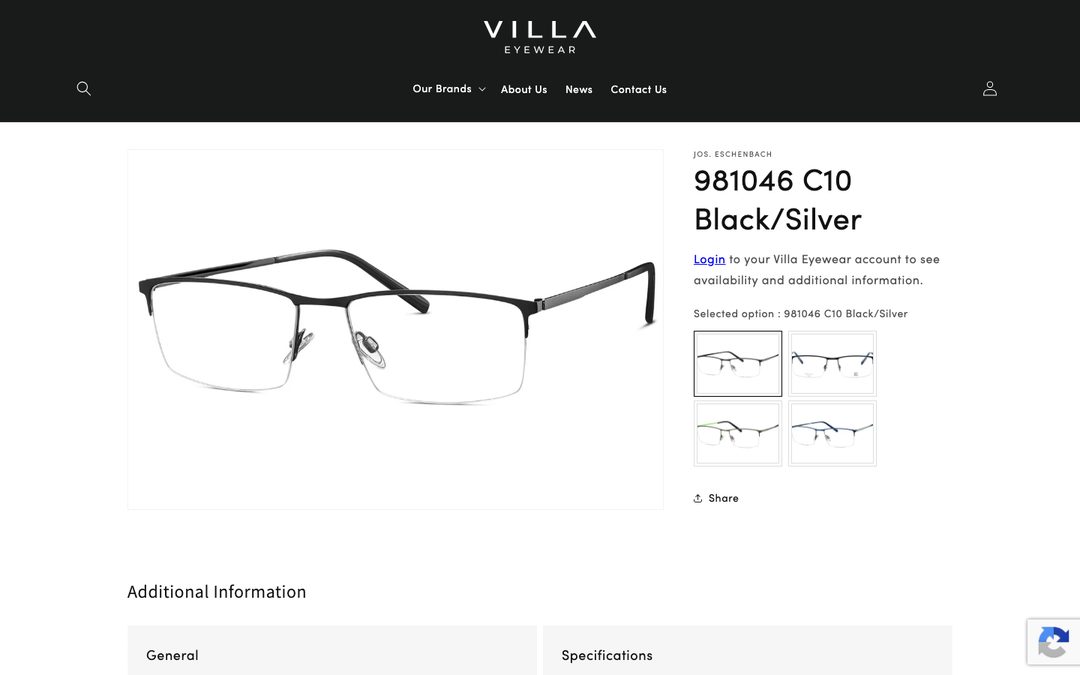Villa Eyewear — Frame PDP — color/lens variants